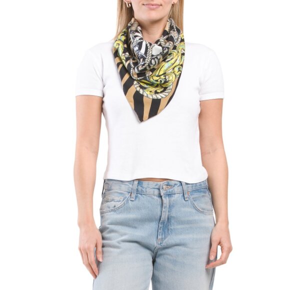 MOSCHINO Black Made In Italy Silk Square Animalier Chain Scarf